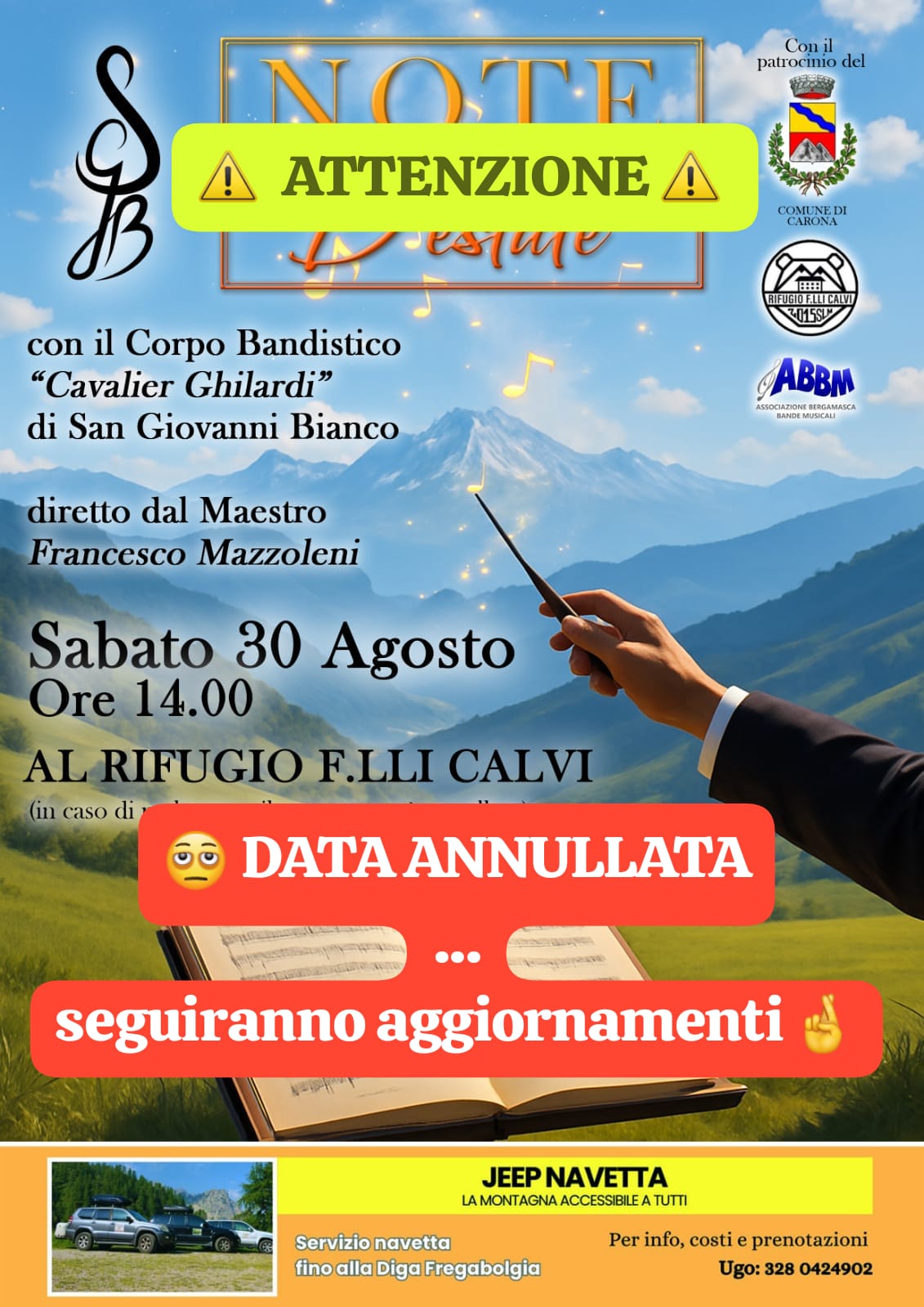 Concerto bandistico presso il Rifugio F.lli Calvi sabato 30 agosto 2025 ore 14:00 - ANNULLATO